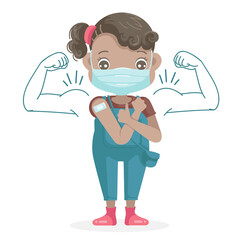 Little girl black skin kid in face mask gesturing thumb up. Open shoulders for vaccination after receiving covid-19 vaccine injection. Kid approving of coronavirus immunization concept.