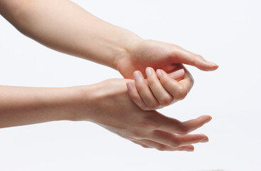 women washing hands on white background.