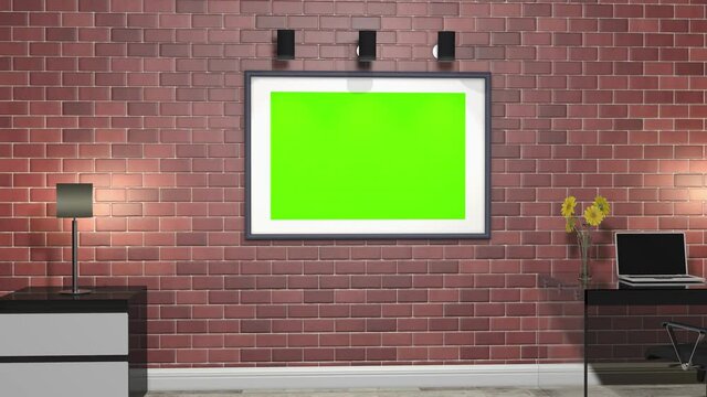 A room inside a building with furniture and a painting or photo frame with a green screen on the wall.