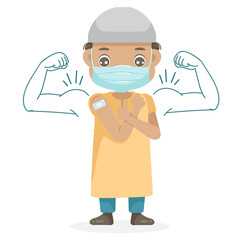 Muslim little boy in face mask gesturing thumb up. Open shoulders for vaccination after receiving covid-19 vaccine injection.Kid approving of coronavirus immunization.