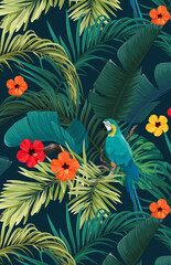 Tropical plants, hibiscus flowers and monstera palm leaves