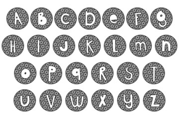 Round alphabet tags with ornament. Basis clip art on white background