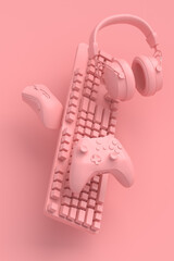 Flying gamer gears like mouse, headphones, keyboard and joystick on pink