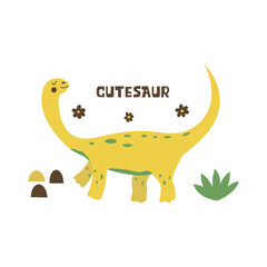 Dinosaur brachiosaurus. Large herbivore, extinct ancient lizard with long neck, Jurassic period. Print. Colorful vector isolated illustration hand drawn. White background. Yellow cute dinosaur