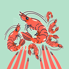 Summer mood. Trendy vector print, postcard, illustration with hands and shrimps 
