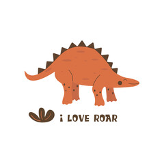 Stegosaurus dinosaur. Large herbivore, extinct ancient lizard with thorns on back, Jurassic period. Print or poster. Colorful vector isolated illustration hand drawn. White background. I love roar