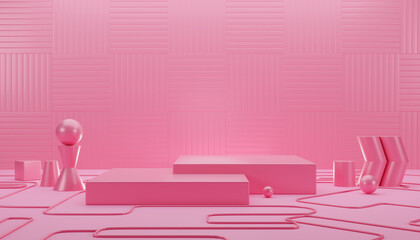 3D rendering pink Stage display platform.concept 3d product present cosmetic mockup.