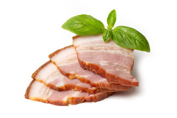 Smoked brisket pork loin decorated green basil leaf, isolated on white background. High resolution image.