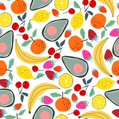 Seamless pattern with berries, fruits and vegetables. Avocado, watermelon, lemon, banana, orange, strawberry, cherry, apple. A bright illustration for application on fabric, paper, for posters and dec