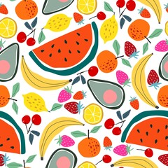 Seamless pattern with berries, fruits and vegetables. Avocado, watermelon, lemon, banana, orange, strawberry, cherry, apple. A bright illustration for application on fabric, paper, for posters and dec