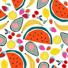 Seamless pattern with berries, fruits and vegetables. Avocado, watermelon, lemon, banana, orange, strawberry, cherry, apple. A bright illustration for application on fabric, paper, for posters and dec