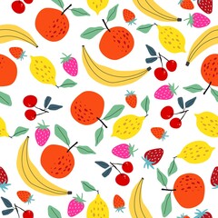 Seamless pattern with berries and fruits. Apple, orange, banana, strawberry, lemon. For application on fabric, paper, for a poster or decor
