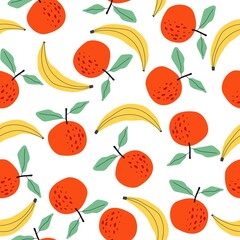 Seamless pattern with berries and fruits. Apple, orange, banana, strawberry, lemon. For application on fabric, paper, for a poster or decor
