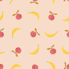 Seamless pattern with berries and fruits. Apple, orange, banana, strawberry, lemon. For application on fabric, paper, for a poster or decor
