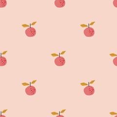 Seamless pattern with berries and fruits. Apple, orange, banana, strawberry, lemon. For application on fabric, paper, for a poster or decor