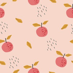 Seamless pattern with berries and fruits. Apple, orange, banana, strawberry, lemon. For application on fabric, paper, for a poster or decor