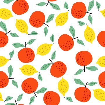 Seamless pattern with berries and fruits. Apple, orange, banana, strawberry, lemon. For application on fabric, paper, for a poster or decor