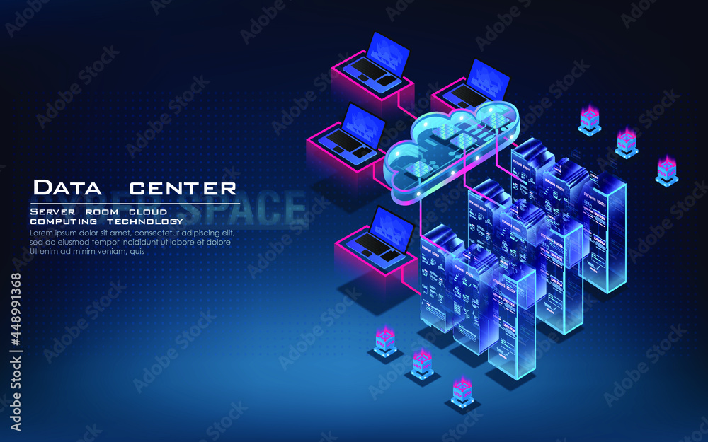Poster server room and cloud computing isometric concept . cloud data for storing. process of work server. 
