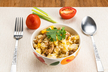 High angle view of delicious homemade fried rice.