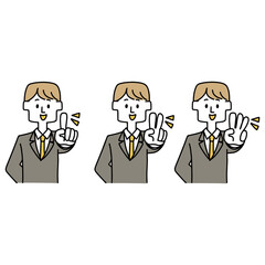 手で123のジェスチャーをするスーツの男