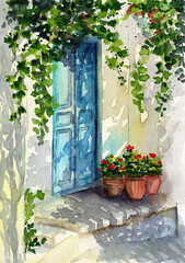 Watercolor illustration of a porch with a blue door, flowers in clay pots and climbing vines casting a shadow on the wall of the house