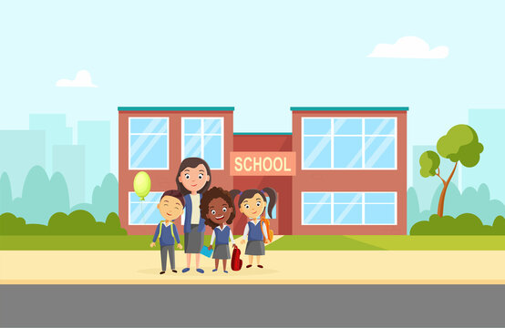 Children together with a teacher on the background of the school. Welcome to the school. Vector image in a cartoon flat style.