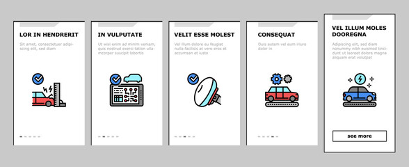 Car Factory Production Onboarding Mobile App Page Screen Vector. Car Factory Equipment And Conveyor For Welding Parts And Installing Details, Crash And Airbag Test Illustrations