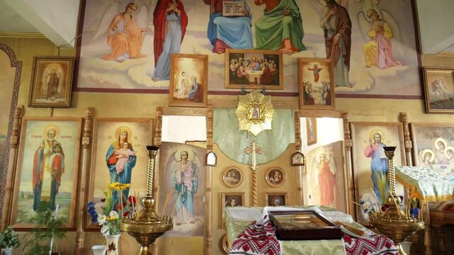 Icon in the cathedral. Iconostasis. Church interior. Ukrainian Church.