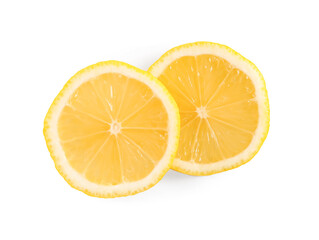 Slices of fresh lemon on white background, top view