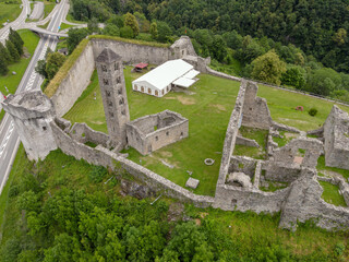 Drone view at the castle of Mesocco in the Swiss alps