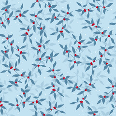 Christmas twigs with red berries. Seamless holidays pattern.