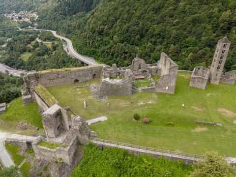 Drone view at the castle of Mesocco in the Swiss alps