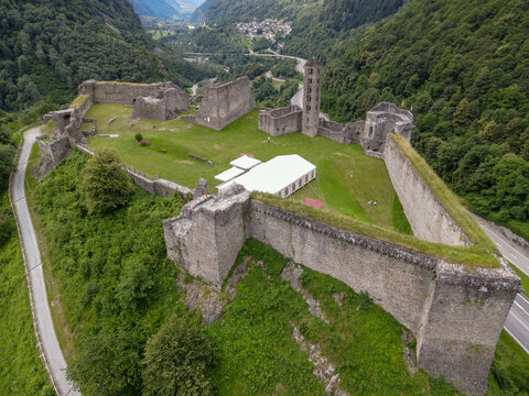 Drone view at the castle of Mesocco in the Swiss alps