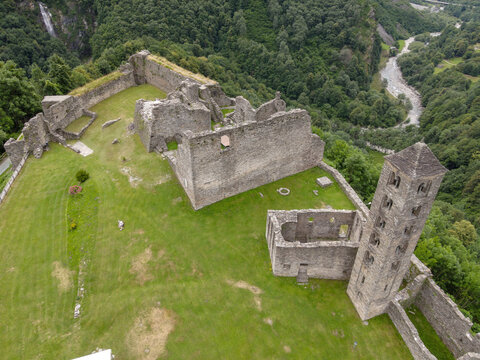 Drone view at the castle of Mesocco in the Swiss alps