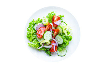 salad vegetable tomato, cucumber, pepper, onion, lettuce meal snack copy space food background rustic. top view keto or paleo diet veggie vegan or vegetarian food 
