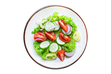salad vegetable tomato, cucumber, pepper, onion, lettuce meal snack copy space food background rustic. top view keto or paleo diet veggie vegan or vegetarian food 