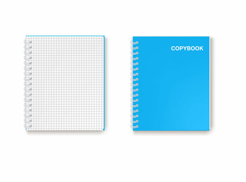 vector isolated illustration of a school notebook for notes and learning with caged sheets on a spring block in a realistic style. Top view. flat lay. Blue copybook on a white background