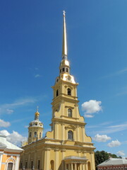 The oldest sights of the city of St. Petersburg against the sky and nature. Buildings built in the last centuries under Peter the Great.