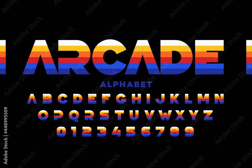 Fototapete arcade game retro style font design, alphabet letters and numbers vector illustration
