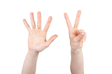 Hands with seven fingers raised on white background isolated. Concept hands and body parts.