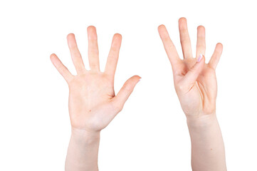 Hands with nine fingers raised on white background isolated. Concept hands and body parts.