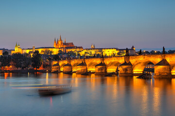 Saint Vitus Cathedral and Charles Bridge at dusk, Prague, Czech Republic