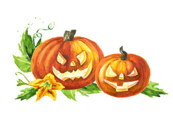 Halloween pumpkins, head jack lantern. Hand drawn watercolor illustration  isolated on white background