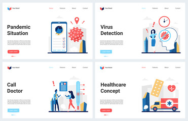 Obraz na płótnie Canvas Corona virus disease, hospital emergency call doctor vector illustration. Cartoon modern healthcare concept landing page set for mobile medical app with first aid, ambulance service for patient