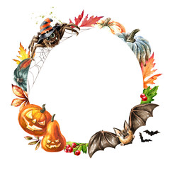 Halloween round frame, Holiday concept. Hand drawn watercolor illustration, isolated on white background