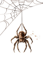 Spider hanging on a web. Hand drawn watercolor illustration, isolated on white background