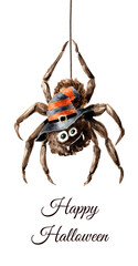 Spider hanging on a web. Happy Halloween card. Hand drawn watercolor illustration, isolated on white background