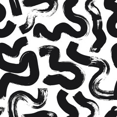 Hand drawn wavy and swirled brush strokes seamless pattern. Vector black paint squiggles, swooshes line, freehand scribbles. Abstract wrapping paper, textile monochrome design. Grunge style pattern