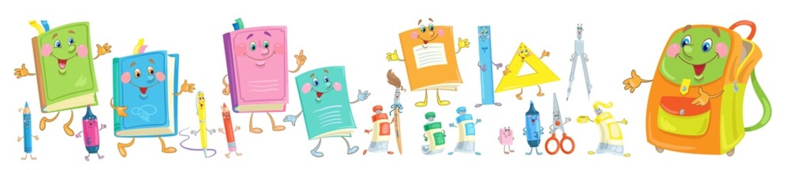 Colorful banner of funny school items. Books, notebooks, pens, pencils, eraser, compasses, paints, brush, rulers, scissors, backpack. In cartoon style. Isolated on white. Vector flat illustration