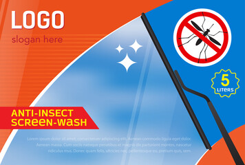 Windshield wiper label template from mosquitoes, insects. Concept for cleaning products, screen wash, polishing, nano-coatings. Vector, illustration - obrazy, fototapety, plakaty